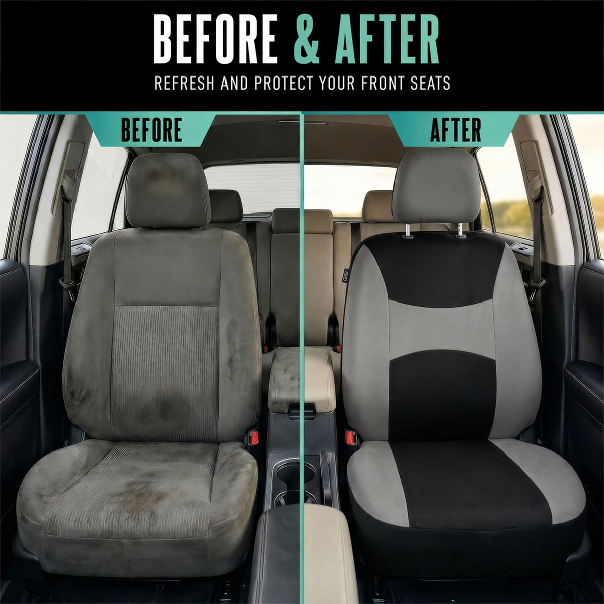 Gray Black Universal Fit Automotive Seat Covers Combo Set with Steering Wheel Cover and Seat Belt Pad P28453