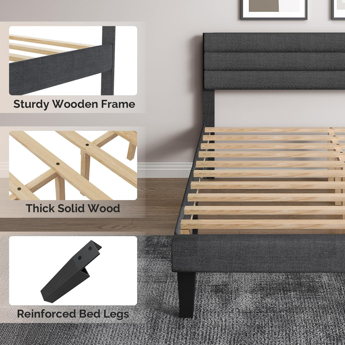Queen Size Linen Fabric Upholstered Platform Bed Frame I895