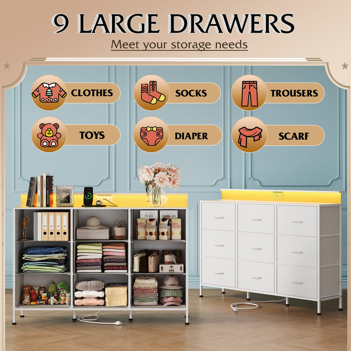 White 2-Piece TV Stand Dresser with 8+9 Fabric Drawers H9778