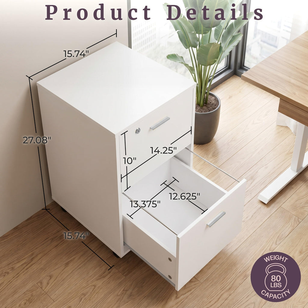 White 2-Drawer Wooden File Cabinet with Lock D79503
