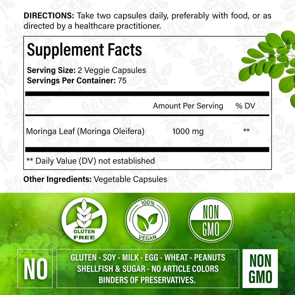 Moringa Oleifera Leaf Extract Capsules 150 Count O526509
