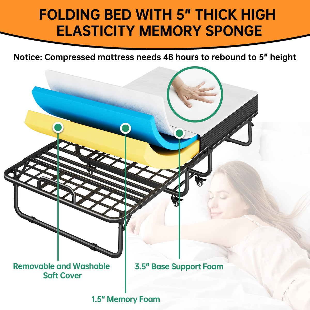 75" x 39" Folding Bed with 5" Memory Foam Mattress D873