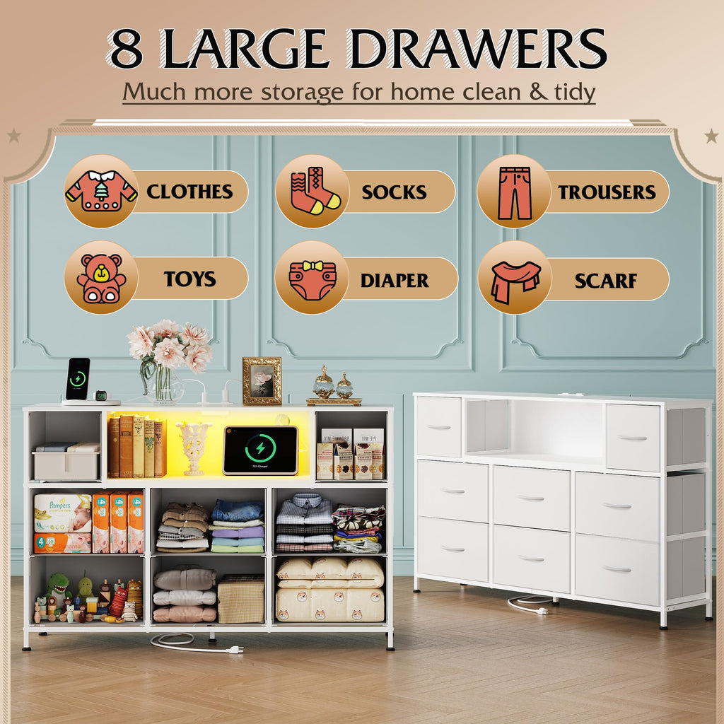 White 2-Piece TV Stand Dresser with 8+9 Fabric Drawers H9778