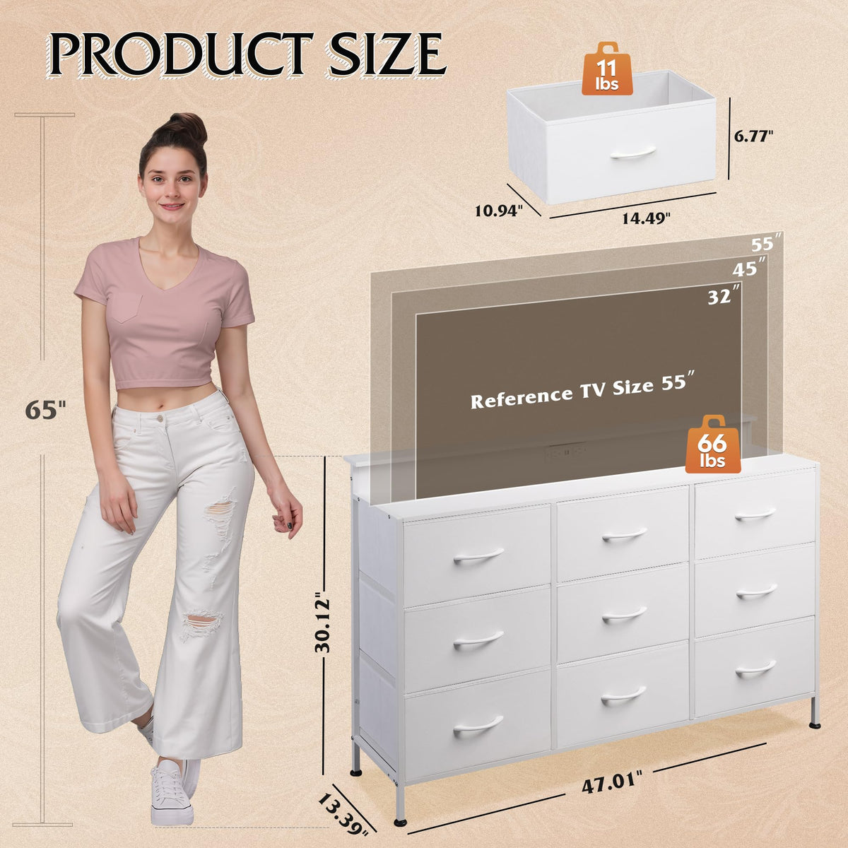 White 2-Piece TV Stand Dresser with 8+9 Fabric Drawers H9778