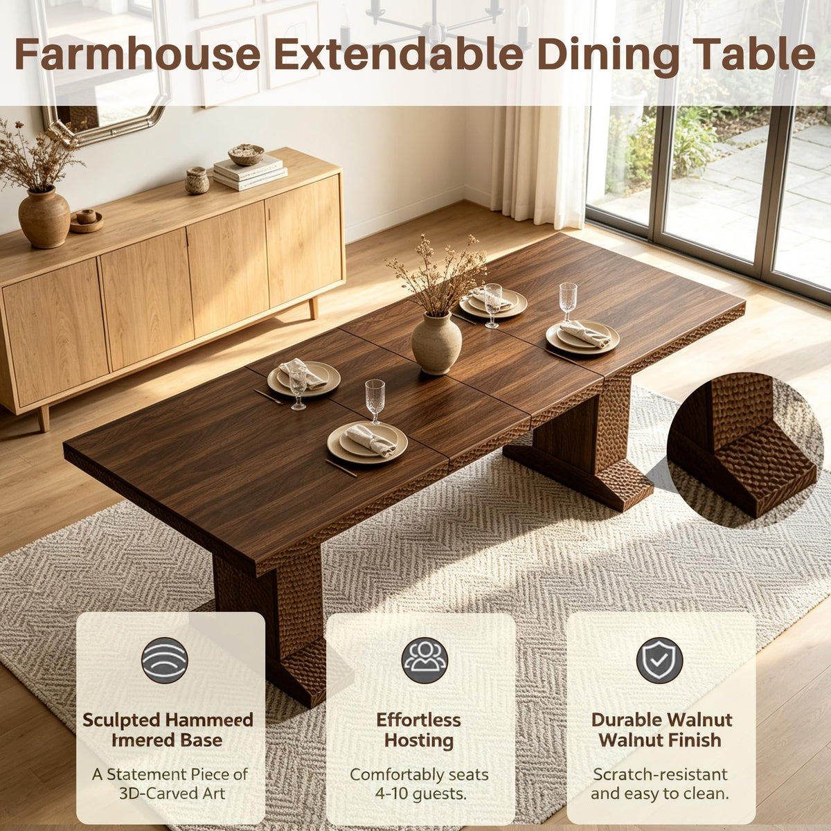 63-94.5 Inch Extendable Dining Table Set with 8 Brown Chairs B242