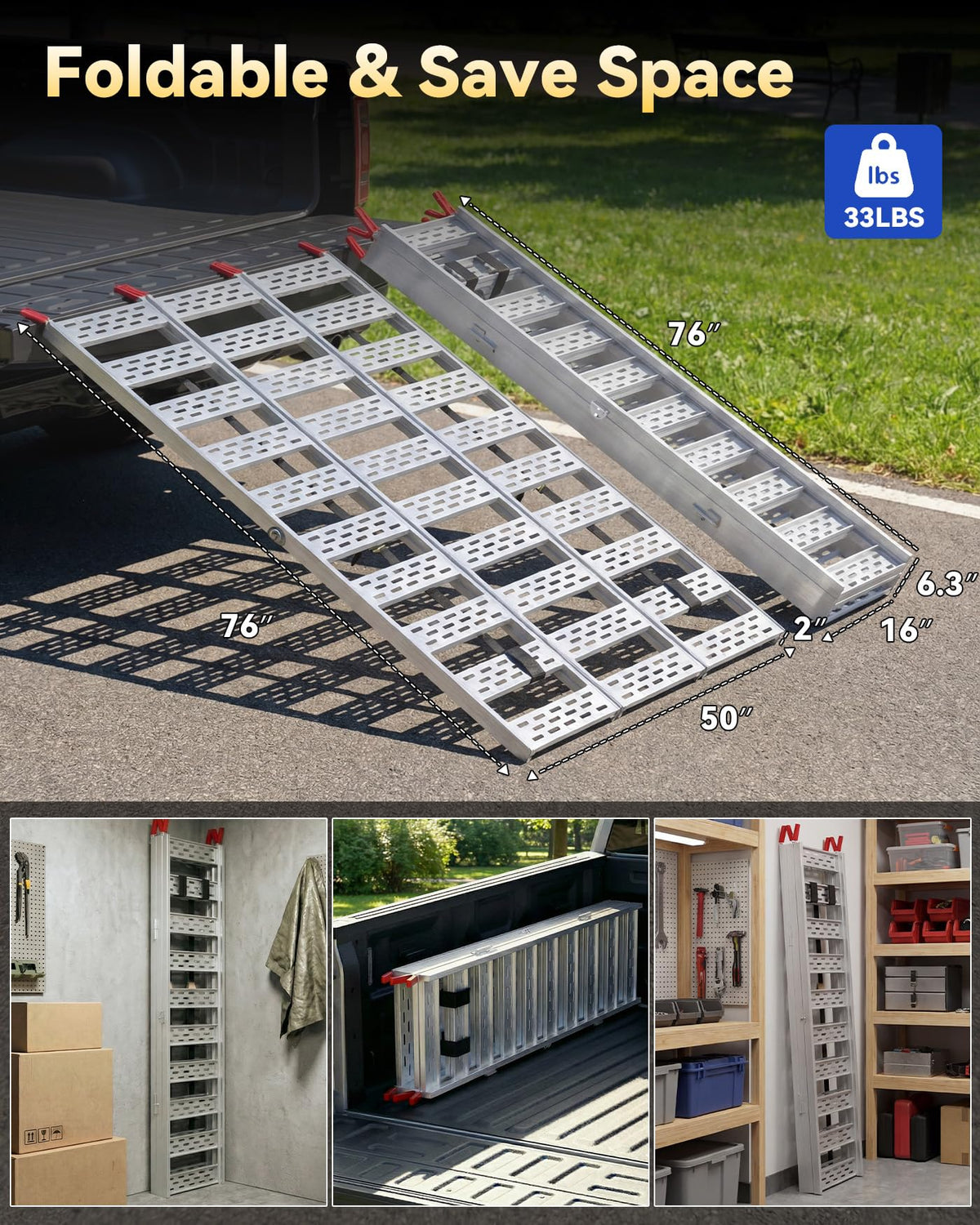 Tri-Fold Aluminum Loading Ramp, 1500 lbs Capacity, 76''L × 50''W S3677