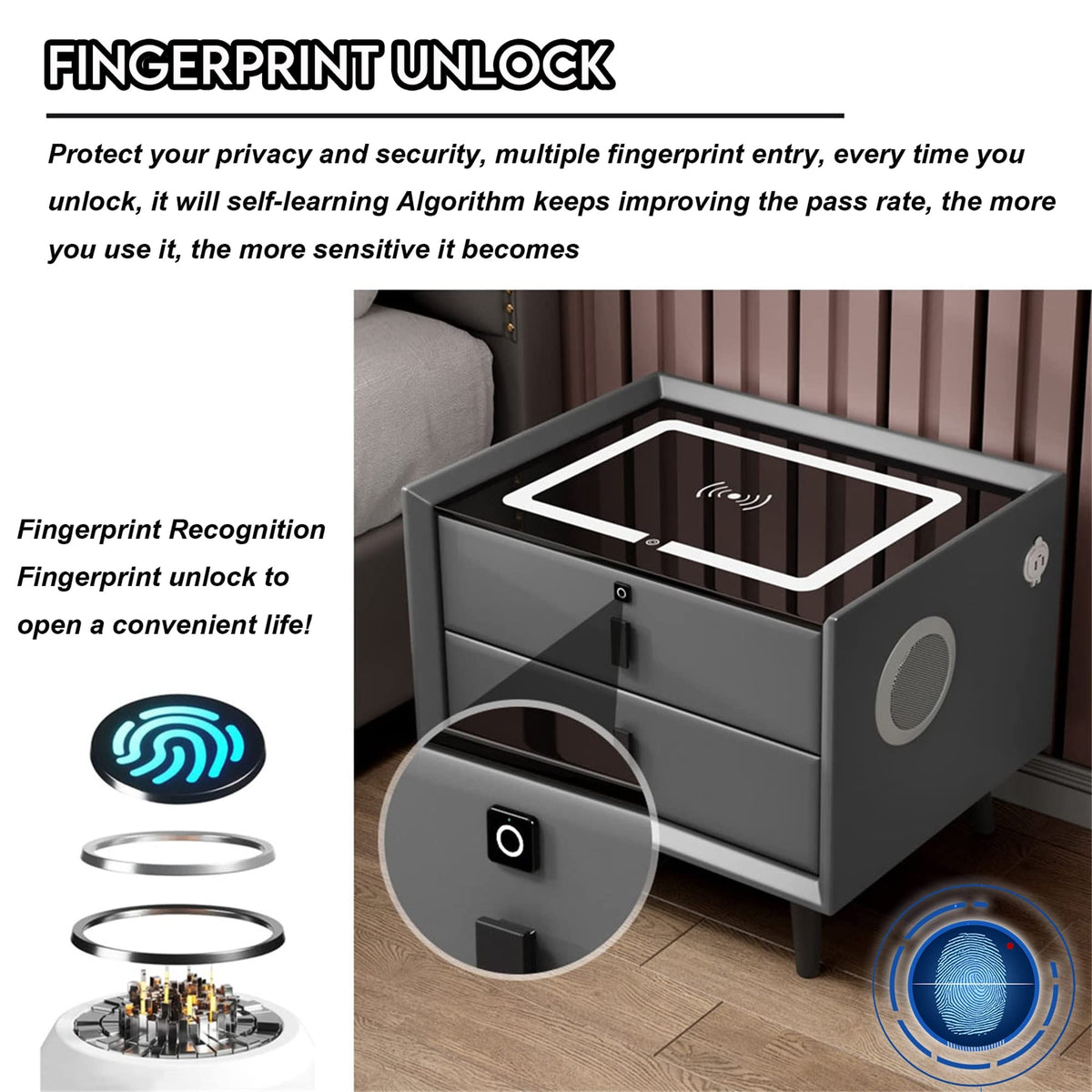 White 3 Drawer Bed End Table with Wireless Charging Q155219