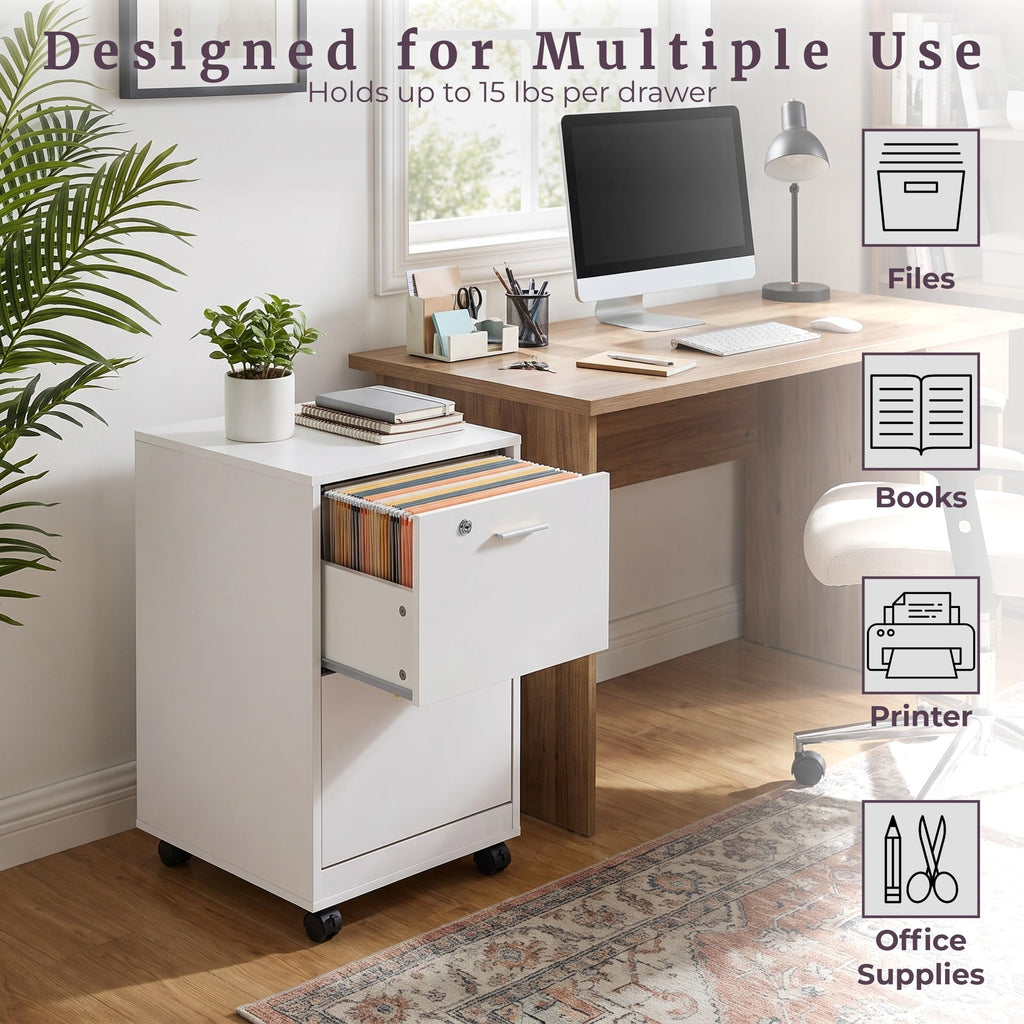 White 2-Drawer Wooden File Cabinet with Lock D79503
