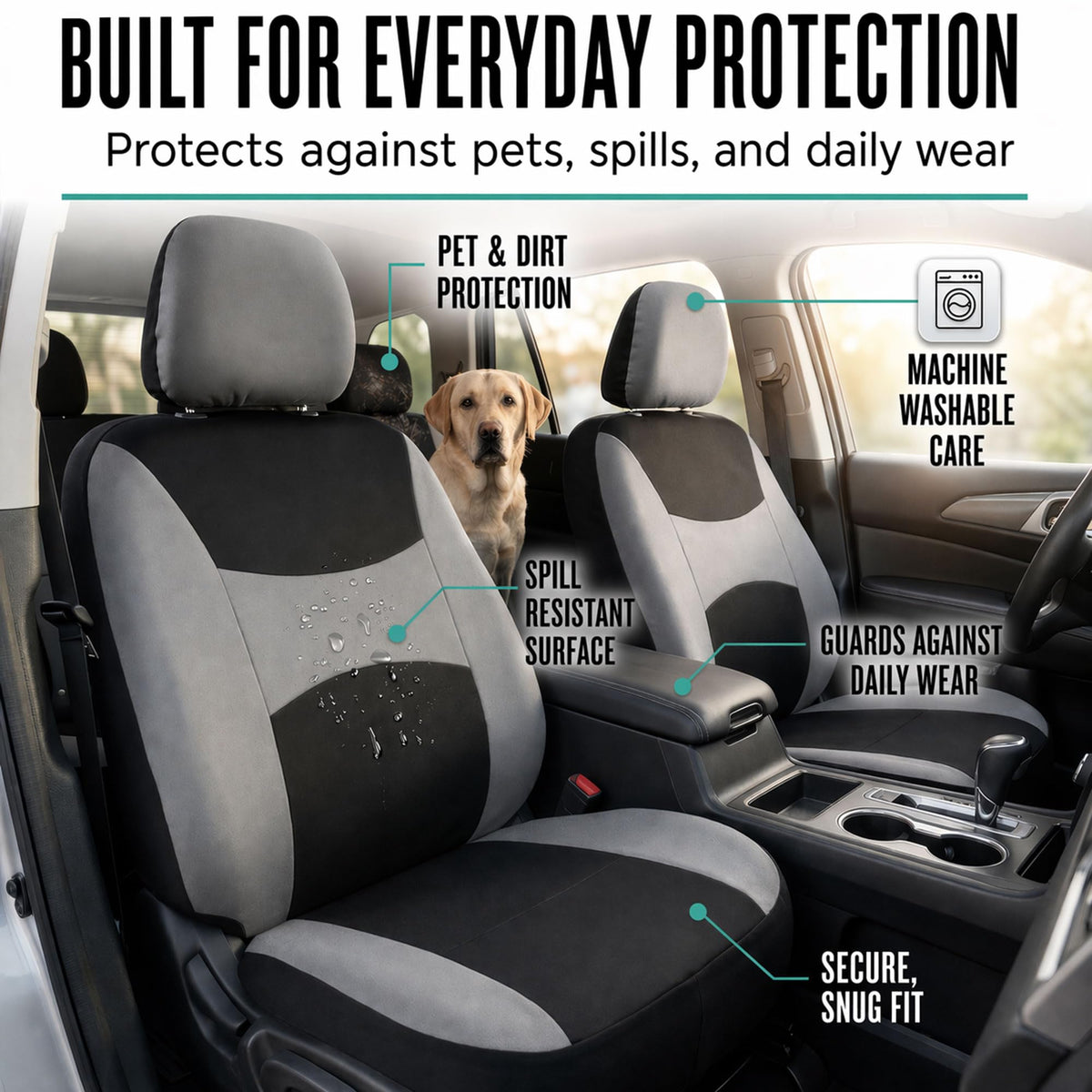 Gray Black Universal Fit Automotive Seat Covers Combo Set with Steering Wheel Cover and Seat Belt Pad P28453