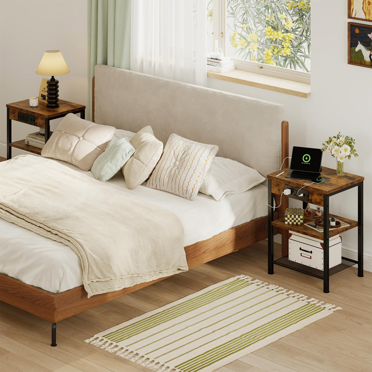 Nightstand with Charging Station, 3-Tier Bedside Table Y6674