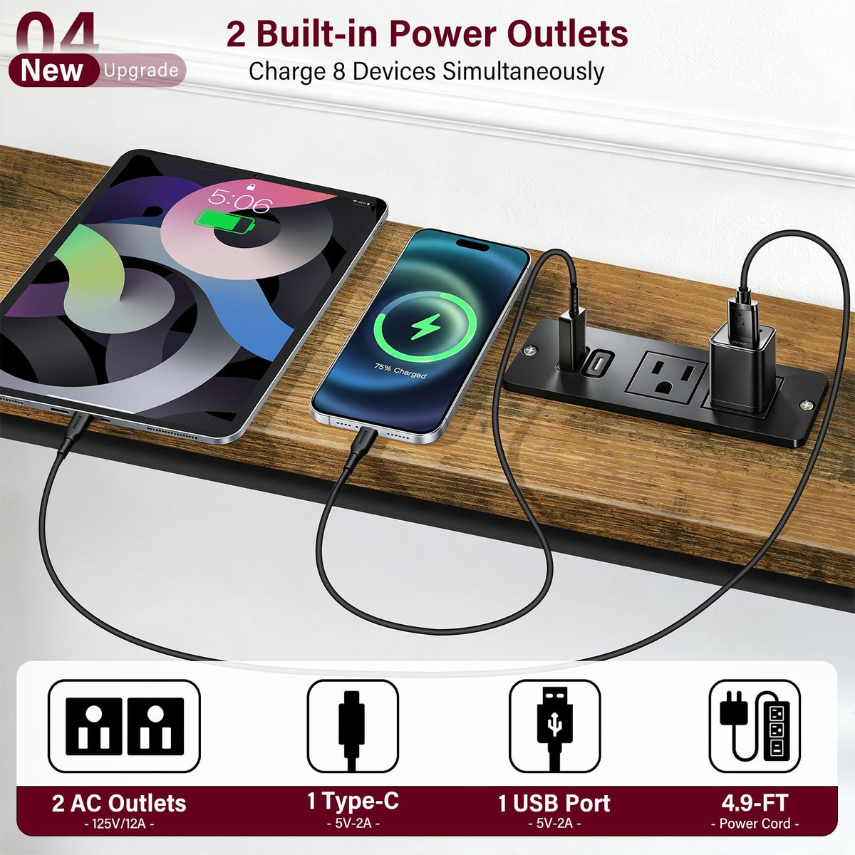 Rustic Brown Narrow Console Table with 2 Power Outlets I2436