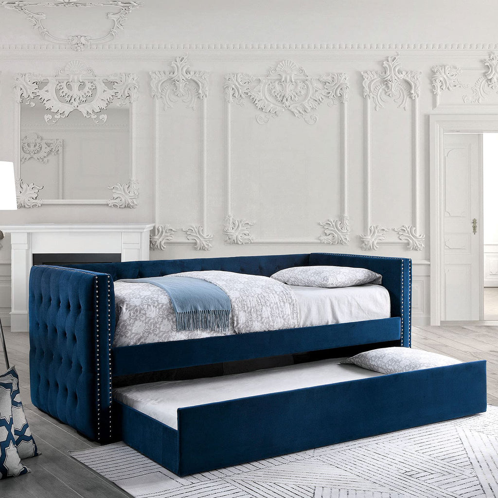 Navy Daybed with Trundle Button Tufted Upholstery Y678
