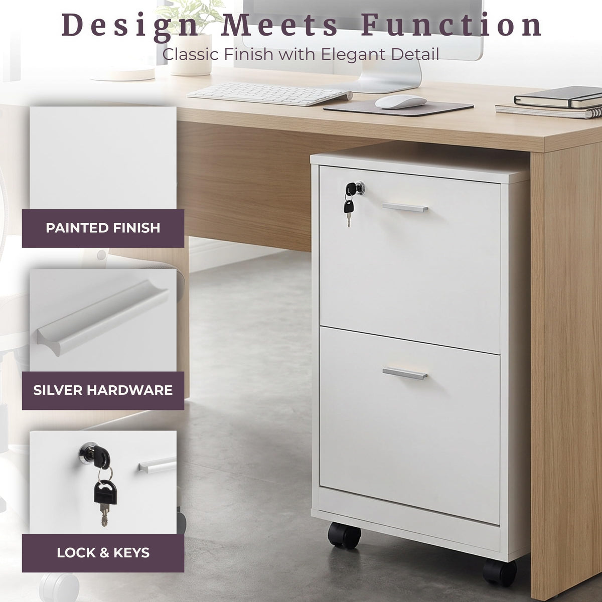 White 2-Drawer Wooden File Cabinet with Lock D79503