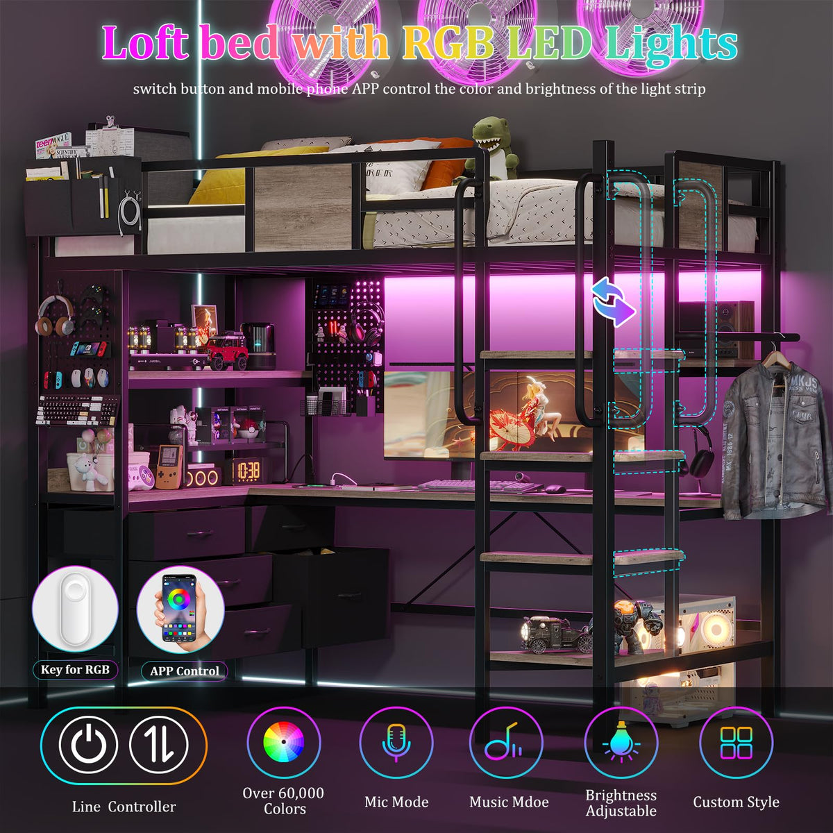Twin Size Loft Bed with Desk and 5 Drawer N252414
