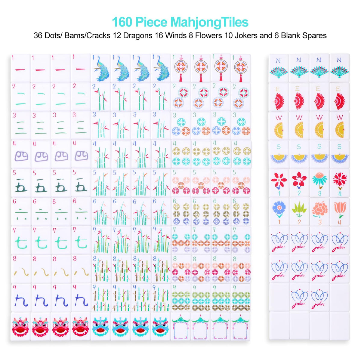 160 Printed American Mahjong Tile Set with 4 Racks & Carrying Bag Z4944