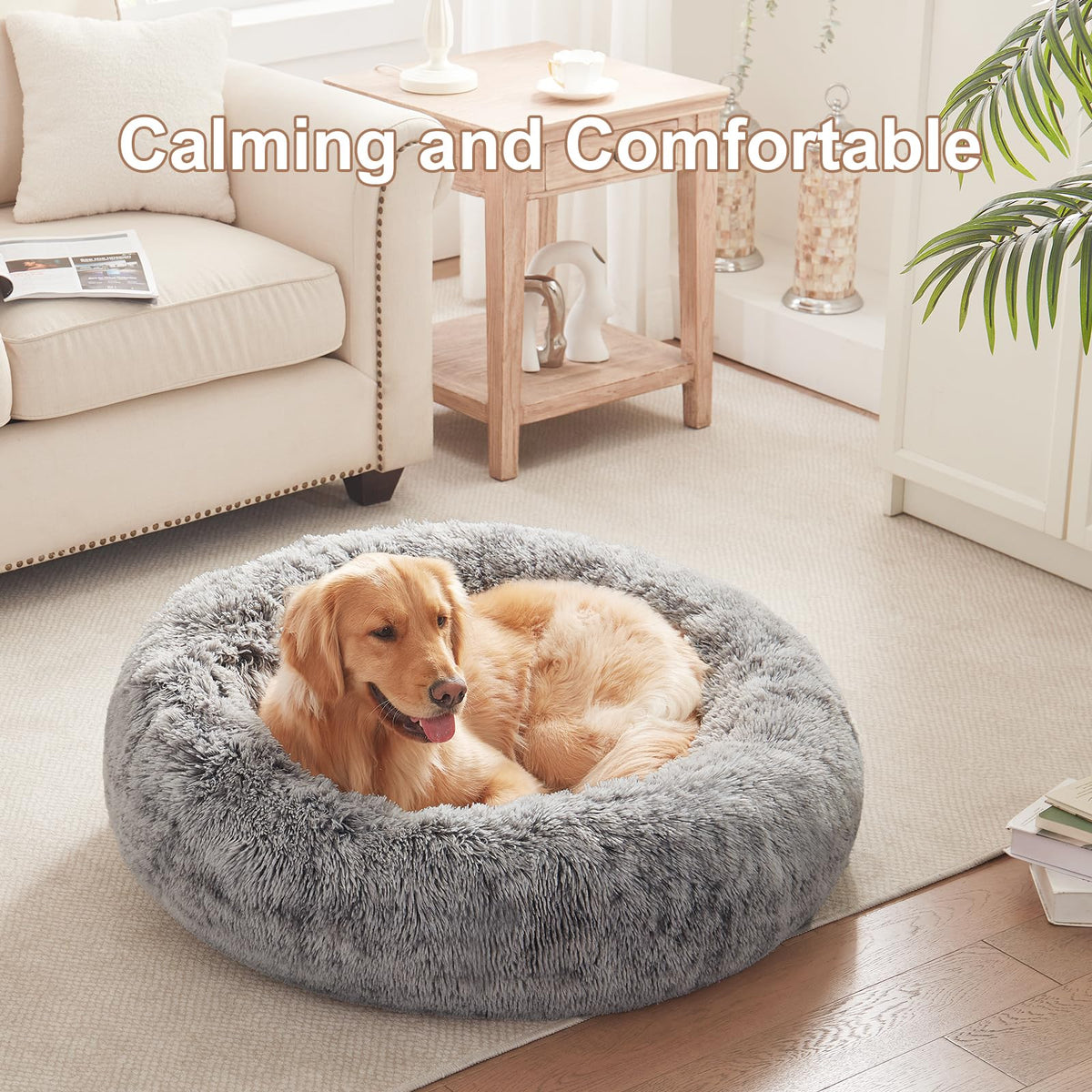 36 inches Faux Fur Fluffy Donut Dog Bed Dark Grey I104126