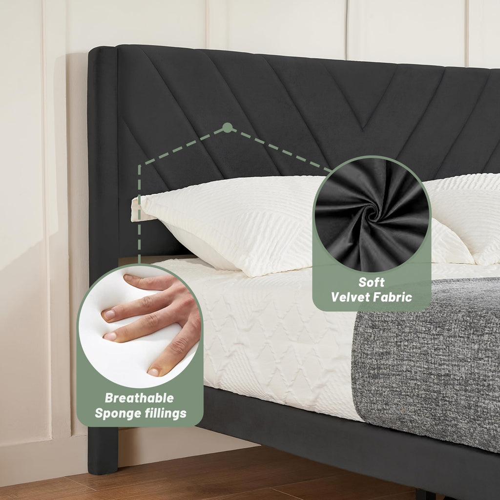 Queen Size Velvet Platform Bed Frame with Headboard B457592