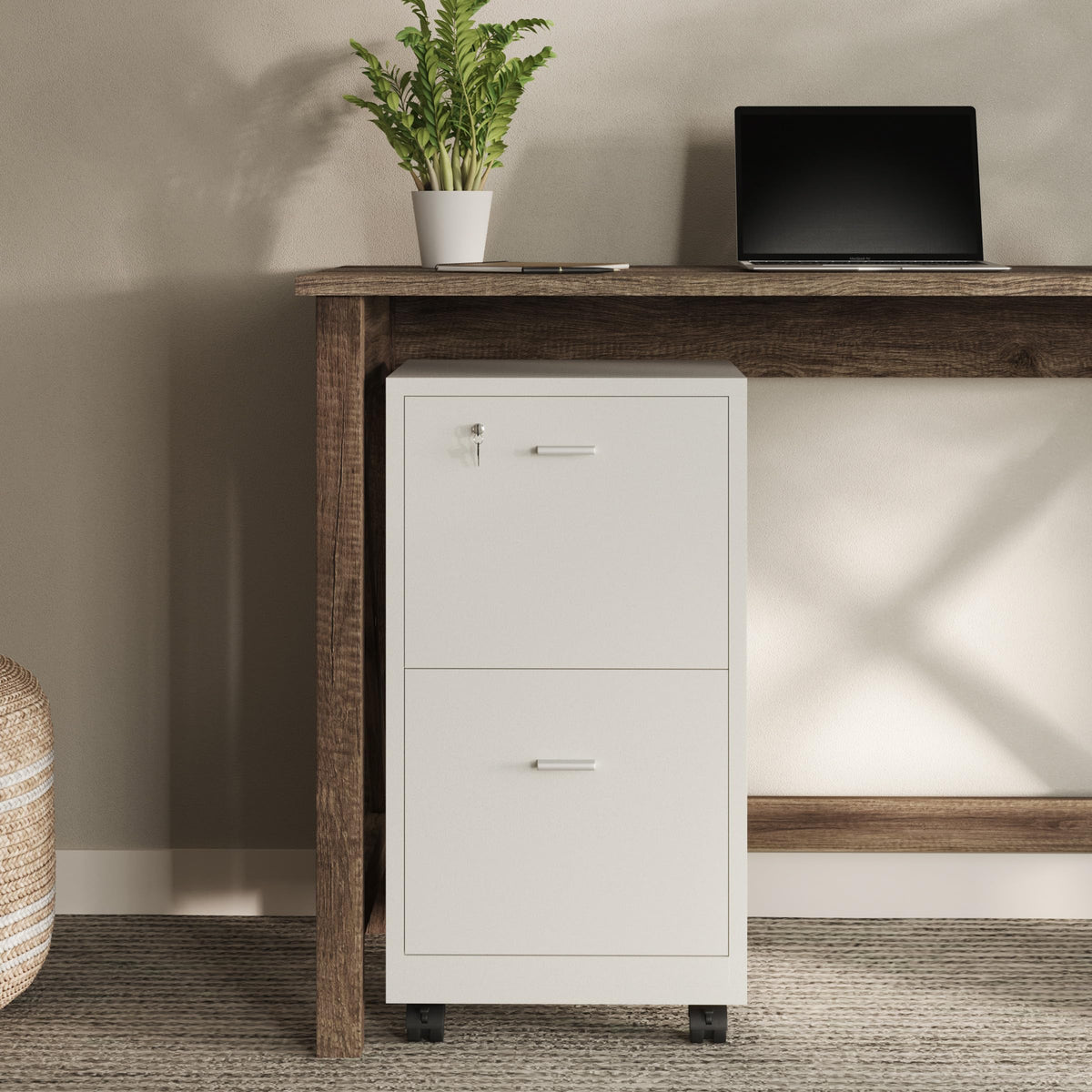 White 2-Drawer Wooden File Cabinet with Lock D79503