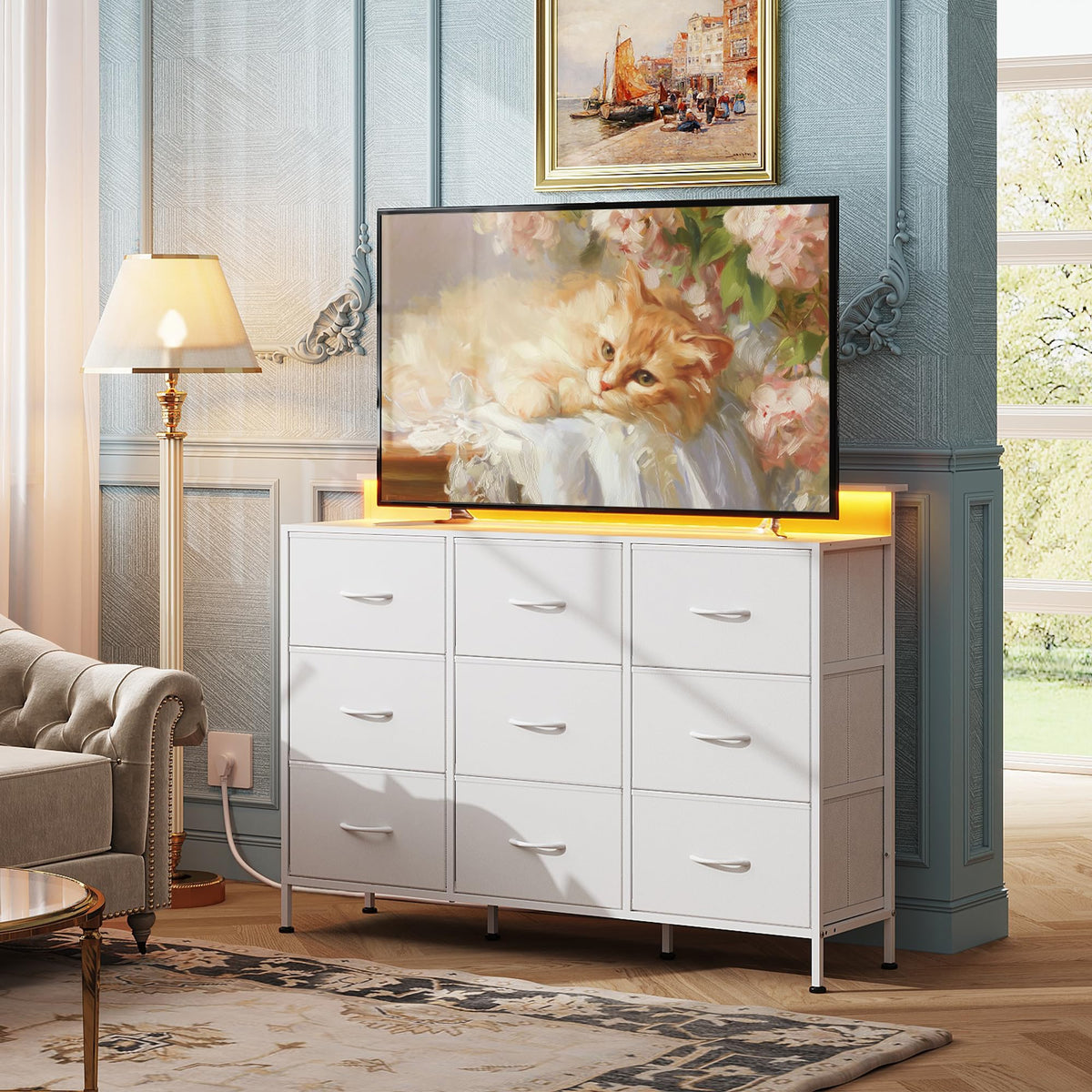 White 2-Piece TV Stand Dresser with 8+9 Fabric Drawers H9778