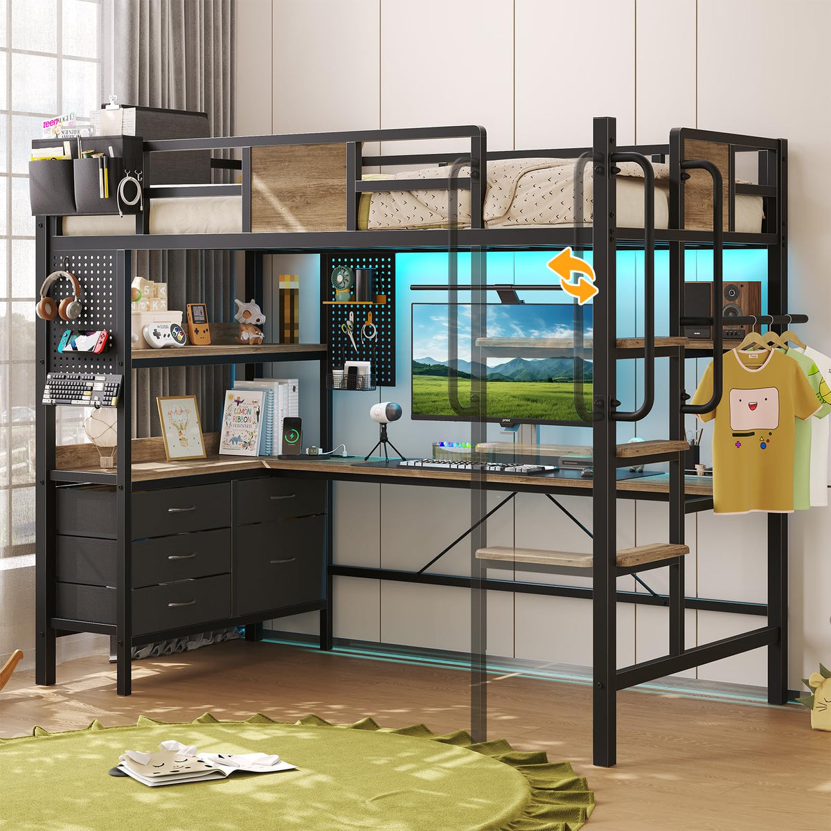 Twin Size Loft Bed with Desk and 5 Drawer N252414