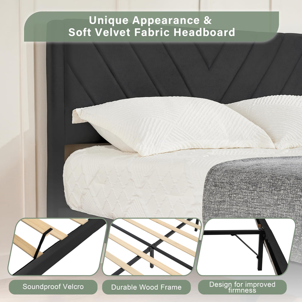 Queen Size Velvet Platform Bed Frame with Headboard B457592