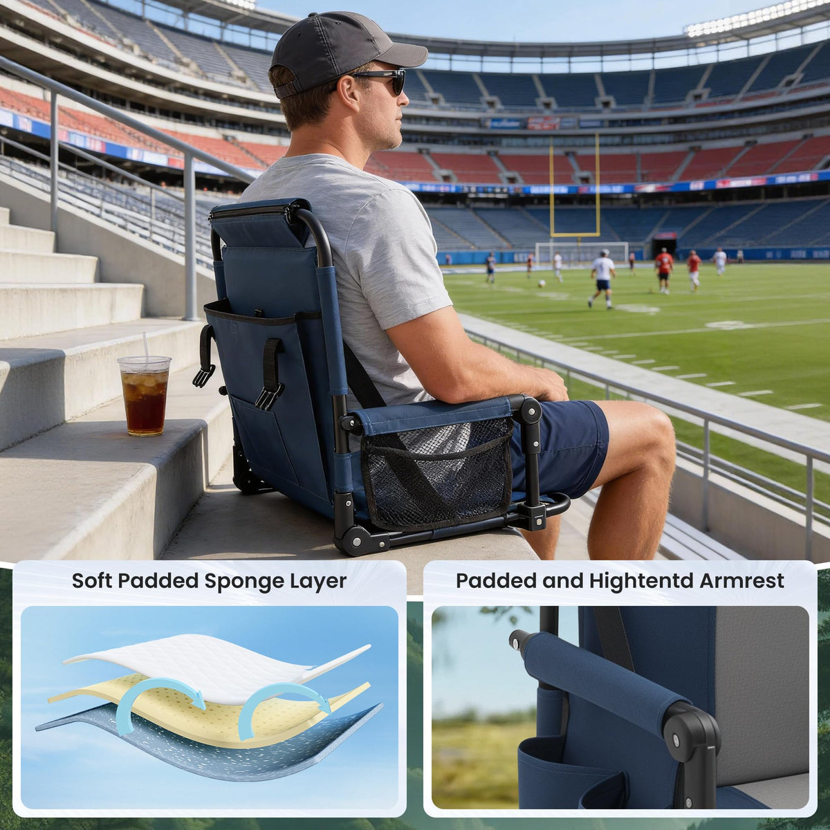 Portable Foldable Bleacher Chair with Cup Holders Blue V6097