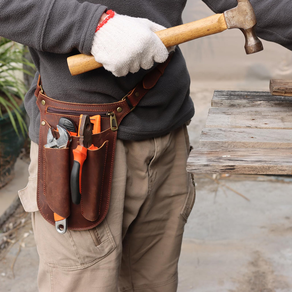 Brown Leather Gardening Tool Belt with 4 Pockets Y1867