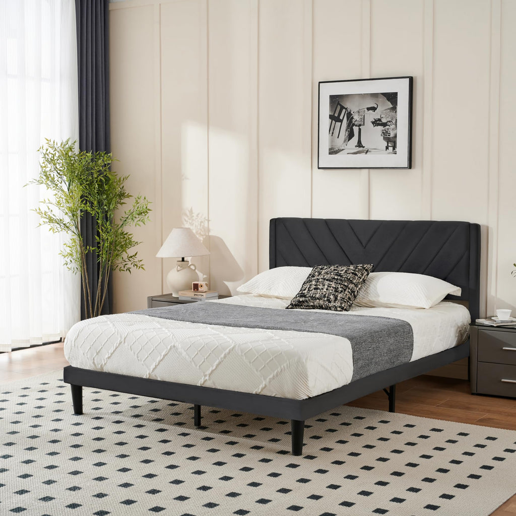Queen Size Velvet Platform Bed Frame with Headboard B457592