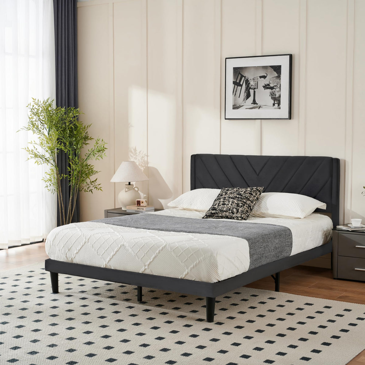 Queen Size Velvet Platform Bed Frame with Headboard B457592