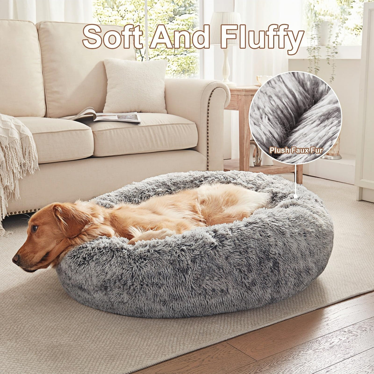 36 inches Faux Fur Fluffy Donut Dog Bed Dark Grey I104126