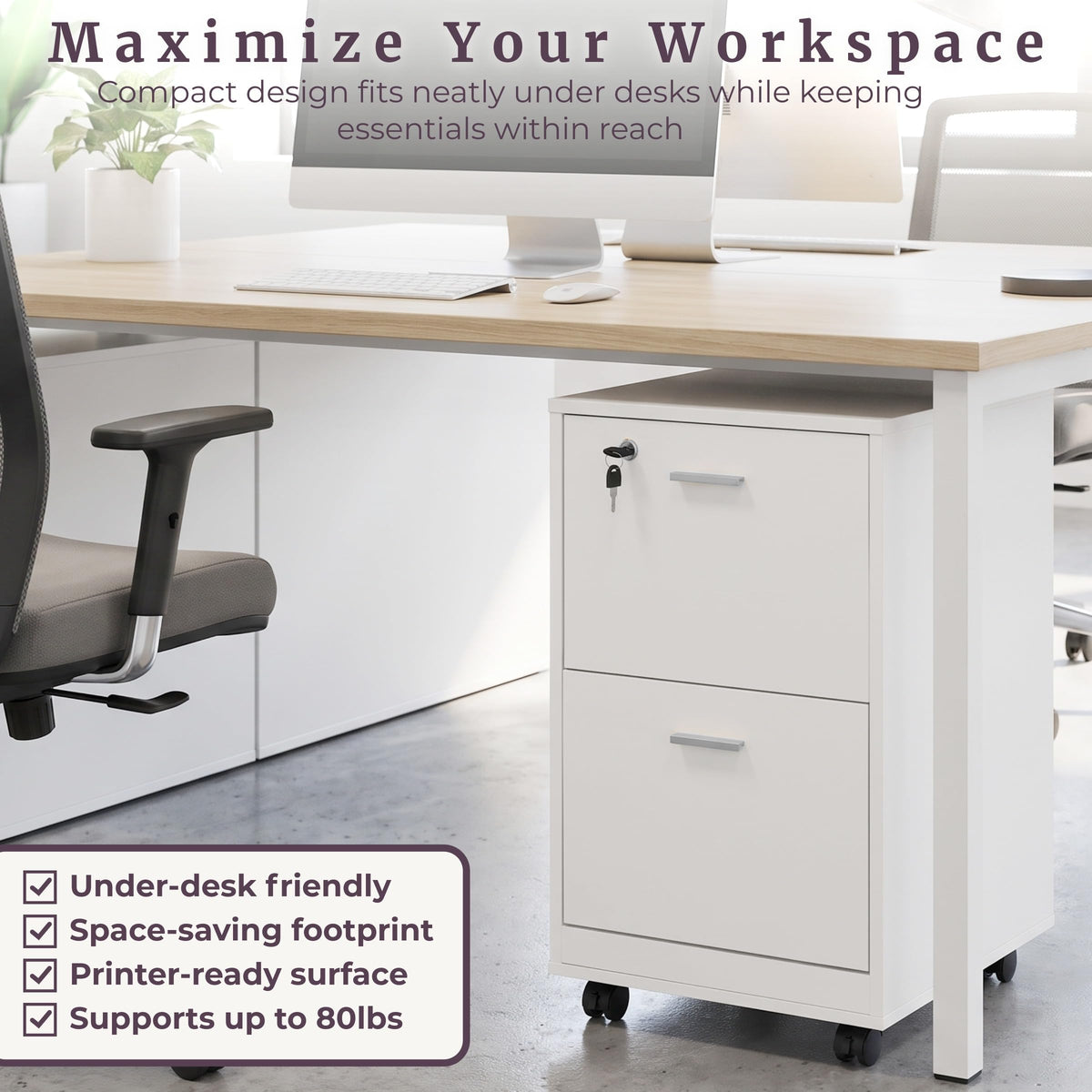 White 2-Drawer Wooden File Cabinet with Lock D79503