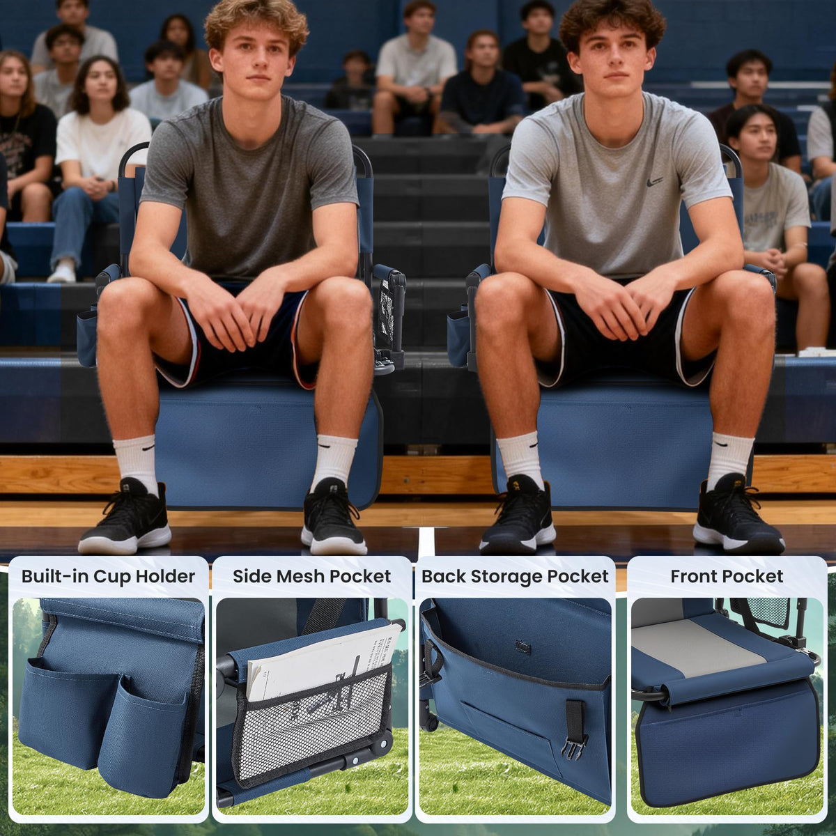 Portable Foldable Bleacher Chair with Cup Holders Blue V6097