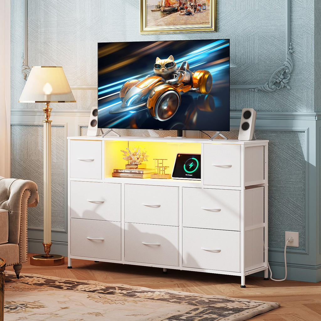 White 2-Piece TV Stand Dresser with 8+9 Fabric Drawers H9778