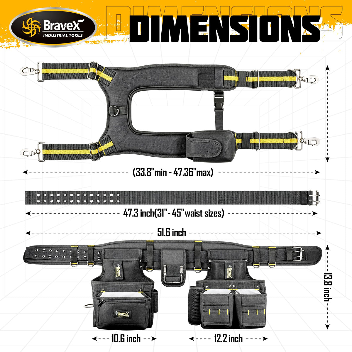 Tool Belt Combo with Suspenders and Tool Vest, 20-Pocket Ballistic Nylon Tool Apron Pouch D5740
