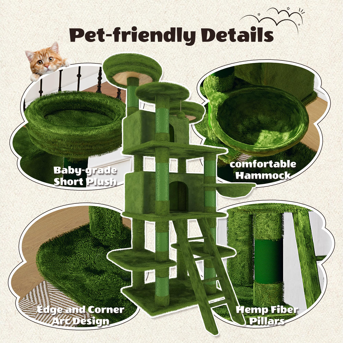 70.87'' Cat Tree Tower with Scratching Post and Hanging Hammock I316