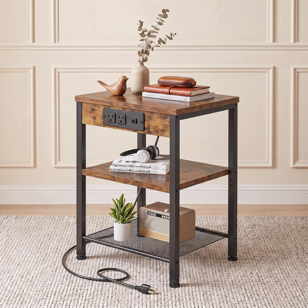 Nightstand with Charging Station, 3-Tier Bedside Table Y6674