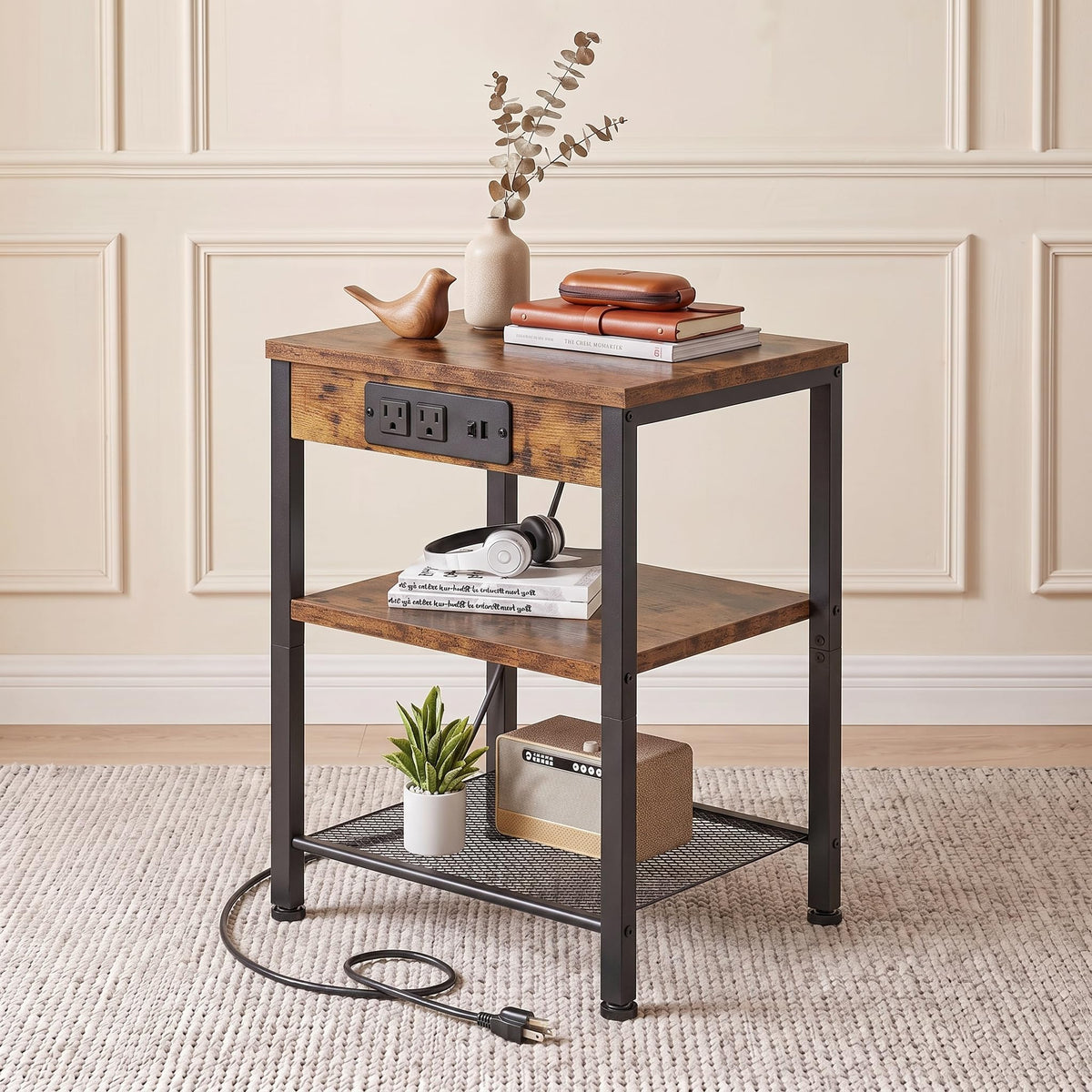 Nightstand with Charging Station, 3-Tier Bedside Table Y6674