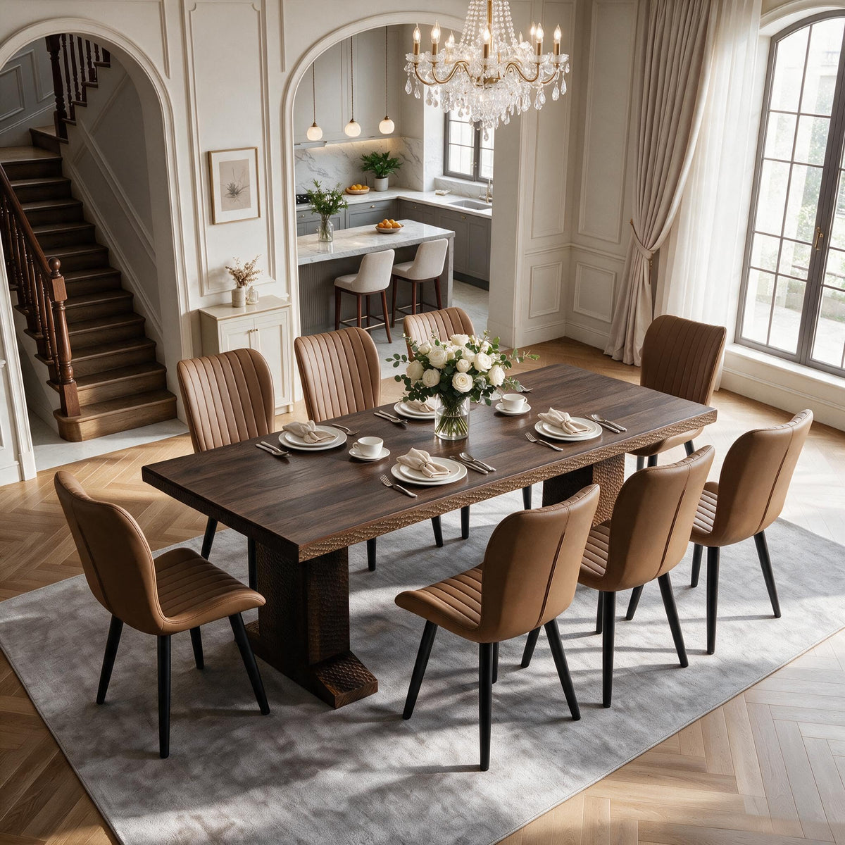 63-94.5 Inch Extendable Dining Table Set with 8 Brown Chairs B242