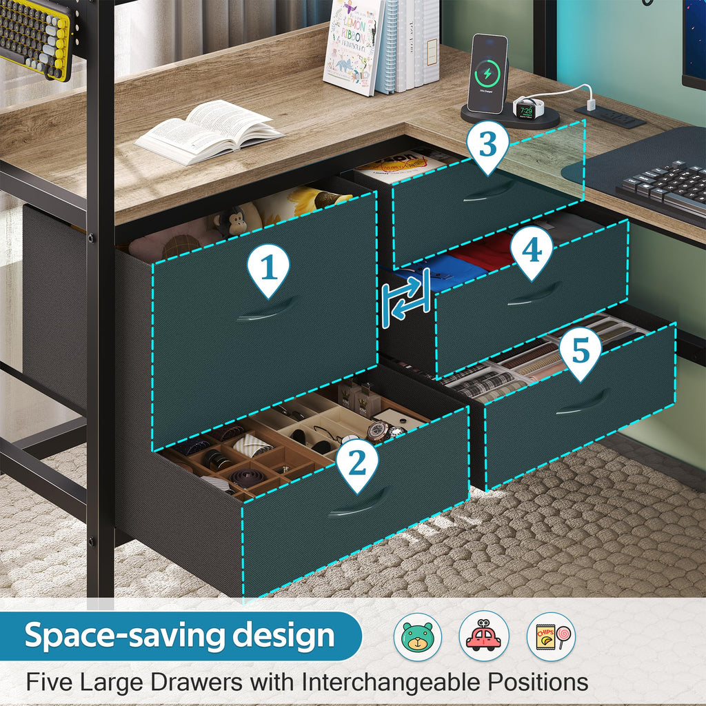 Twin Size Loft Bed with Desk and 5 Drawer N252414